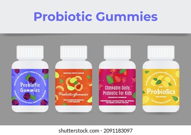 Probiotic gummies in plastic jar with cap set vector flat illustration. Collection pharmacy bottle good bacteria and microorganisms for human health isolated. Treatment vitamin nutritional supplements