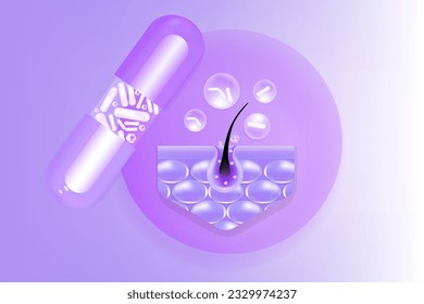 Probiotic and Hyaluronic acid hair and skin solutions ad, purple collagen, and vitamin serum drop into skin cells with cosmetic advertising background ready to use illustration vector.	
