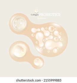 Probiotic And Hyaluronic Acid Skin Solutions Ad, White Collagen, And Vitamin Serum Drops With Cosmetic Advertising Background Ready To Use Illustration Vector.	