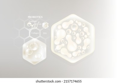 Probiotic and Hyaluronic acid skin solutions ad, white collagen, and vitamin serum drops with cosmetic advertising background ready to use illustration vector.	