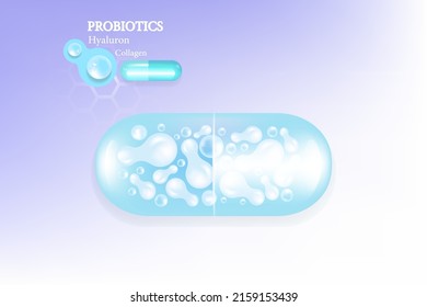 Probiotic and Hyaluronic acid skin solutions ad, blue collagen, and vitamin serum drops with cosmetic advertising background ready to use illustration vector.	