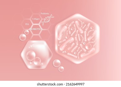 Probiotic And Hyaluronic Acid Skin Solutions Ad, Pink Collagen, And Vitamin Serum Drops With Cosmetic Advertising Background Ready To Use Illustration Vector.	