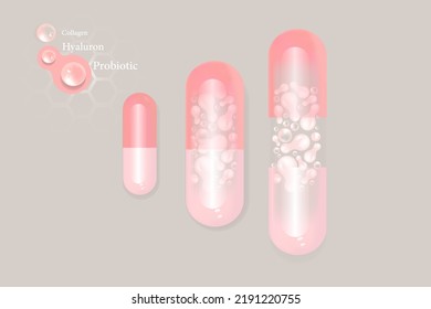 Probiotic and Hyaluronic acid skin solutions ad, pink collagen, and vitamin serum drops with cosmetic advertising background ready to use illustration vector.	