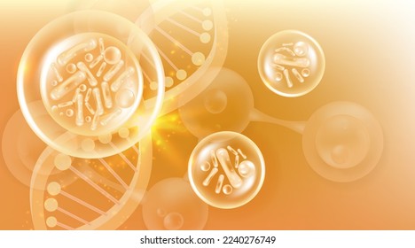 Probióticos y soluciones cutáneas de ácido hialurónico, colágeno de oro y gotas séricas de vitamina con fondo publicitario estético listo para usar vector ilustrativo.	