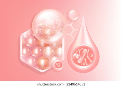 Probiotic and Hyaluronic acid skin solutions ad, pink collagen, and vitamin serum drops with cosmetic advertising background ready to use illustration vector.	