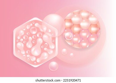 Probiotic and Hyaluronic acid skin solutions ad, pink collagen, and vitamin serum drops with cosmetic advertising background ready to use illustration vector.	