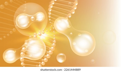 Probiotic and Hyaluronic acid skin solutions ad, gold collagen, and vitamin serum drops, cosmetic advertising background ready to use, illustration vector.	