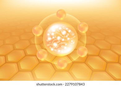 Probiotic and Hyaluronic acid skin solutions ad, gold collagen, and vitamin serum drops with cosmetic advertising background ready to use illustration vector.	