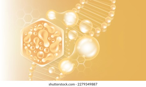 Probióticos y soluciones cutáneas de ácido hialurónico, colágeno de oro y gotas séricas de vitamina con fondo publicitario estético listo para usar vector ilustrativo.	