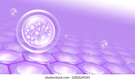 Probiotic and Hyaluronic acid skin solutions ad, purple collagen, and vitamin serum drops with cosmetic advertising background ready to use illustration vector.	