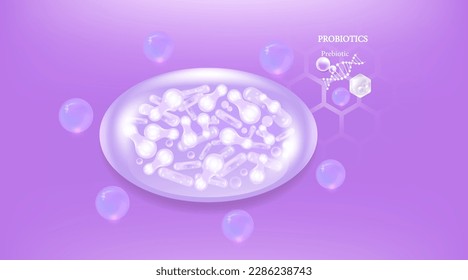 Probiotic and Hyaluronic acid skin solutions ad, purple collagen, and vitamin serum drop with cosmetic advertising background ready to use illustration vector.	