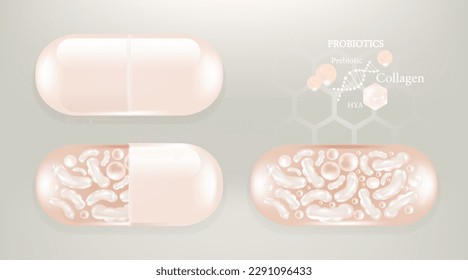 Probiotic and Hyaluronic acid skin solutions ad, white collagen, and vitamin serum drop with cosmetic advertising background ready to use illustration vector.	