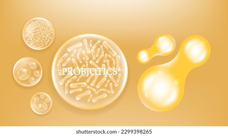 Probiotic and Hyaluronic acid skin solutions ad, gold collagen, and vitamin serum drop with cosmetic advertising background ready to use illustration vector.	