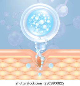 Probiotic and Hyaluronic acid skin solutions ad, blue collagen, and vitamin serum drops with cosmetic advertising background ready to use illustration vector.	