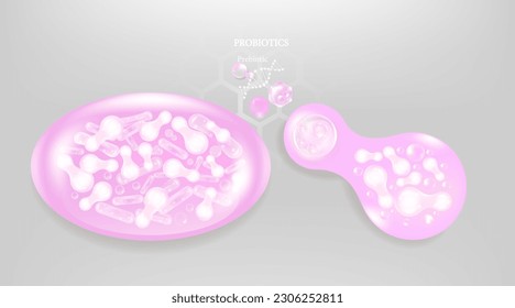 Probiotic and Hyaluronic acid skin solutions ad, pink collagen, and vitamin serum drop with cosmetic advertising background ready to use illustration vector.	