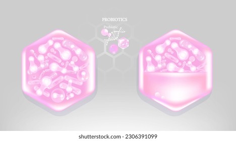 Probiotic and Hyaluronic acid skin solutions ad, pink collagen, and vitamin serum drop with cosmetic advertising background ready to use illustration vector.	