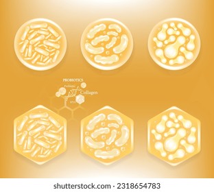 Probiotic and Hyaluronic acid skin solutions ad, gold collagen, and vitamin serum drop with cosmetic advertising background ready to use illustration vector.