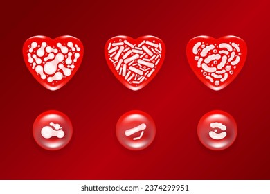 Probiotic and Hyaluronic acid skin solutions ad, red collagen in heart shape, and vitamin serum drop with cosmetic advertising background ready to use illustration vector.	