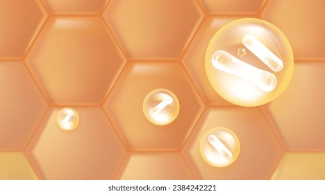 Probiotic and Hyaluronic acid skin solutions ad, gold collagen, and vitamin serum drop with cosmetic advertising background ready to use illustration vector.