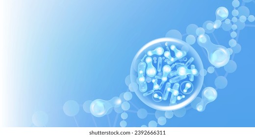 Probiotic and Hyaluronic acid skin solutions ad, blue collagen, and vitamin serum drop with cosmetic advertising background ready to use illustration vector.	