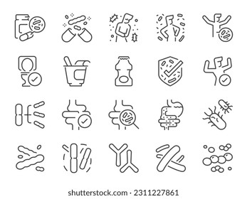 Probiotic icon set. It included prebiotic, microbiome, healthy, bacterial, lactobacillus, and more icons—editable stroke.