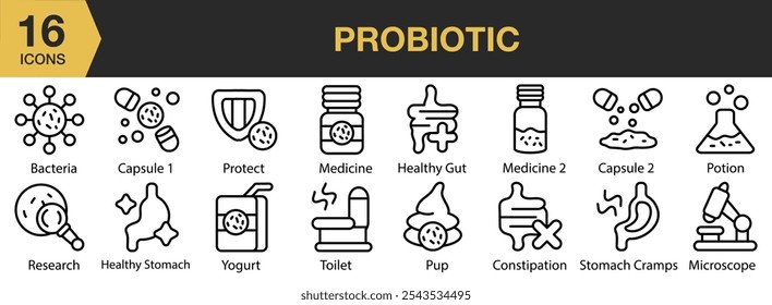 Conjunto de ícones probióticos. Inclui iogurte, WC, proteger, poção, medicina e muito mais. Contornar coleção de vetores de ícones.