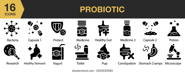 Conjunto de ícones probióticos. Inclui iogurte, WC, proteger, poção, medicina e muito mais. Coleção vetorial de ícones sólidos.