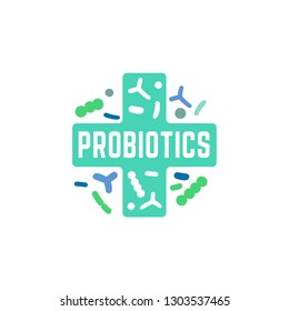 Probiotic icon, vector design. Lactobacillus acidophilus. Bacteria symbol. Food concept. Healthy nutrition pictogram. Editable illustration in blue, green colors isolated on a white background.