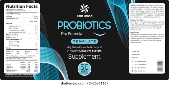 Probiotic label design, dietary supplement label design, bottle packaging design for capsules pills, creative healthy supplement label, product label design editable illustration file