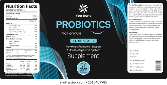 Probiotic label design, prebiotic dietary supplement label design, bottle packaging design for capsules pills, creative healthy supplement label, product label design editable illustration file