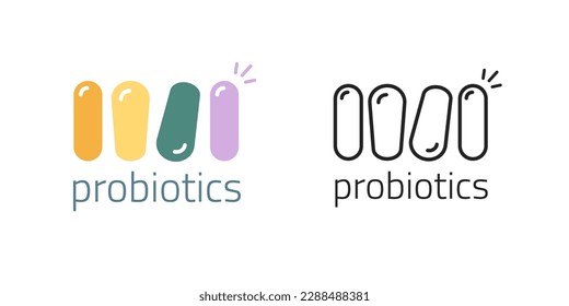 Probiotic lactobacillus Icon logo vector graphic, line outline art bacteria prebiotic microorganism logotype symbol, medical science fun comic flora microbiome label image clipart 