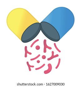 Probiotic Pill Concept Icon and Label. Health Research Symbol, Icon and Badge. Cartoon Vector illustration.