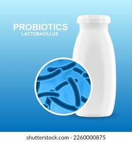 Probiotic products. Concept - Yoghurt with probiotic content. Microbiome on blue background. EPS10 vector