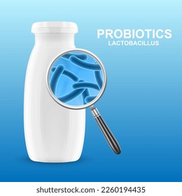 Productos probióticos. Concepto - Yogur con contenido probiótico. Microbioma de fondo azul. Vector EPS10