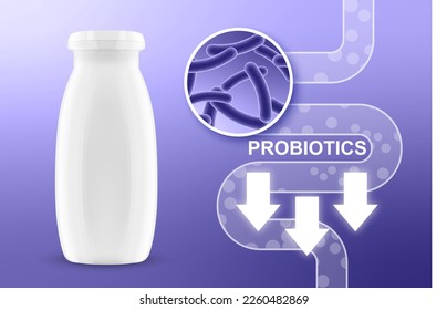 Probiotic products. Concept - Yoghurt with probiotic content. Microbiome on purple background. EPS10 vector