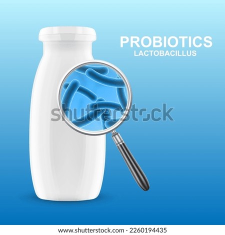 Probiotic products. Concept - Yoghurt with probiotic content. Microbiome on blue background. EPS10 vector