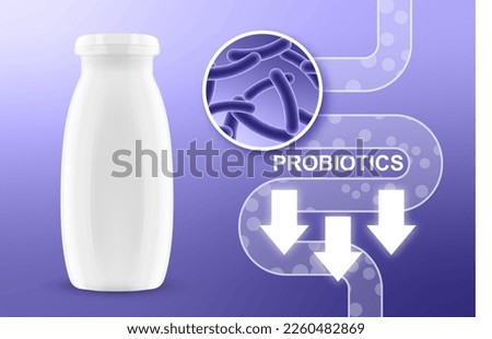 Probiotic products. Concept - Yoghurt with probiotic content. Microbiome on purple background. EPS10 vector