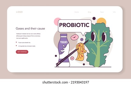 Probiotic products. Healthy food as a source of good degestive bacteria, nutrient rich food. Kimchi, yogurt, kale. Flat vector illustration