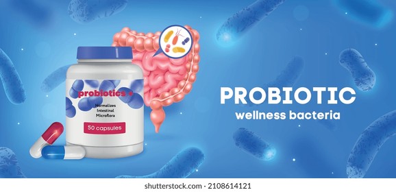 Probiotic realistic colored background advertising bacterial dietary supplement normalizing intestinal microflora vector illustration