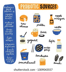 Probiotic sources. Hand drawn infographic poster with probiotic foods and its benefits. Made in vector