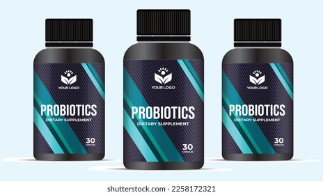 Probiotic Supplement Food Label Design Packaging Design. Private Label Healthy Food Package Design Mockup. Jar Sticker Probiotics capsules label design 3D Illustration.