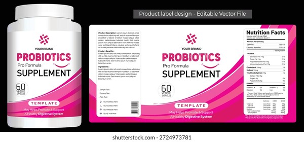 Probiotic Supplement Label Design, Logo Branding and Bottle Packaging for Gut Health Products