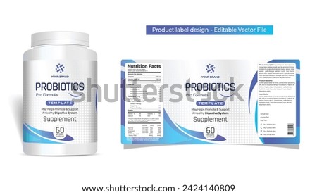 Probiotic supplement label design, Probiotic logo product jar label design, bottle packaging design for capsules pills, creative healthy supplement label, digestive support, editable illustration file