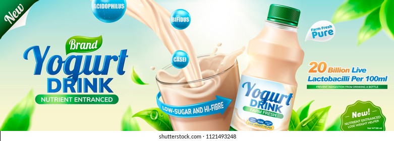 Bebida de probiótico o yogur vertiendo en una taza de vidrio en 3d ilustración, fondo de boquilla natural con hojas verdes