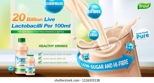 Probiotic or yogurt drink pouring into a glass cup in 3d illustration, bokeh background