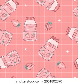 Probiotic yogurt strawberry flavored drink with shimmer light aesthetic art design seamless pattern