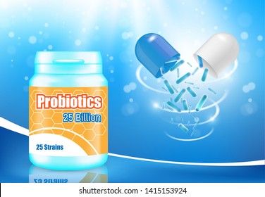 Probiotics Ad, Vector Poster Banner Template. Probiotic Supplement In Capsule For Maintaining Healthy Balance Of Gut Bacteria, Immune And Digestive Health.