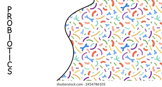 Probiotics background. Different colorful microbiome and microbiota. Bifidobacterium and lactobacillus. Banner poster or advertising backdrop, packaging design, vector cartoon flat style illustration