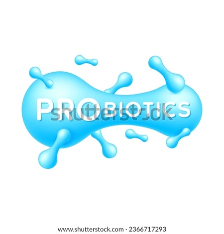 Probiotics bacteria blue. Good bacterial flora for stomach and intestine. Biology lactobacillus. Healthcare immunity support. Healthy nutrition. Icon 3D isolated on white background. Vector.