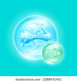 Probiotics bacteria blue and green fiber. Good bacterial flora for stomach and intestine for designing dietary supplements healthy nutrition. Health care immunity support. Vector EPS10.